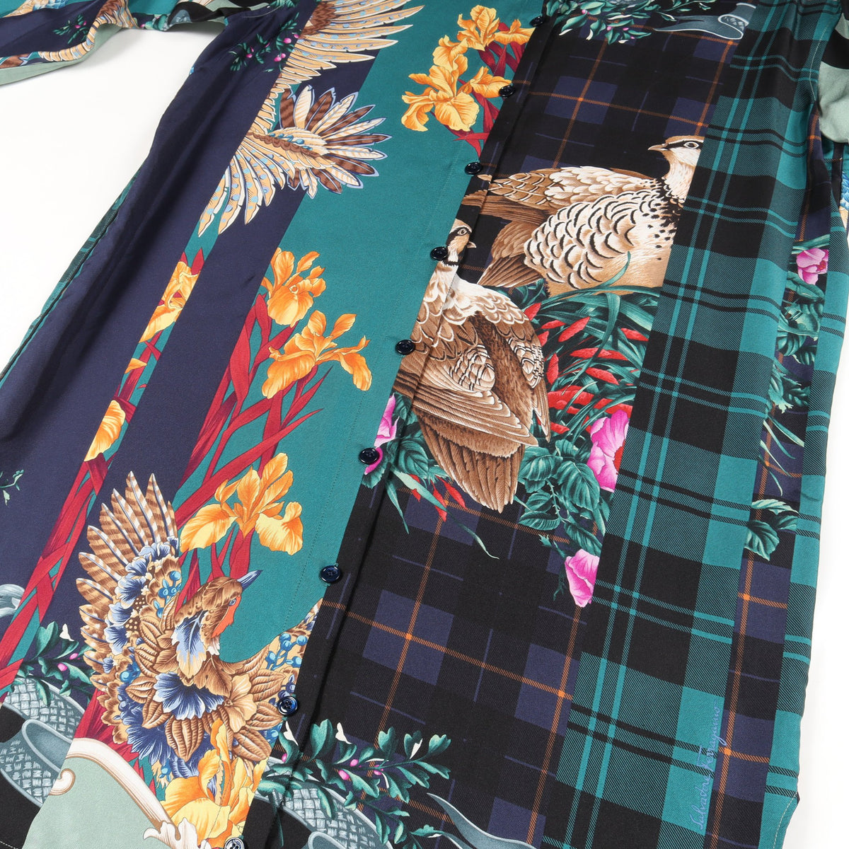 Shirts Dress Deep Jade パッチワーク ロング シャツ シルク ライトグリーン ブラック マルチカラー サルヴァトーレフェラガモ