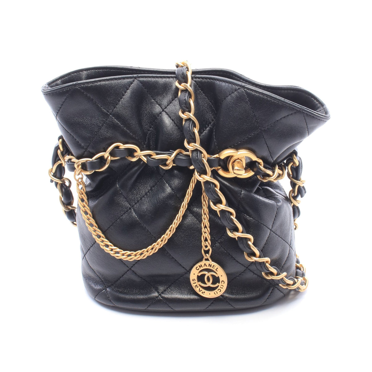 マトラッセ バケットバッグ チェーンショルダーバッグ ラムスキン ブラック ゴールド金具 シャネル バッグ CHANEL