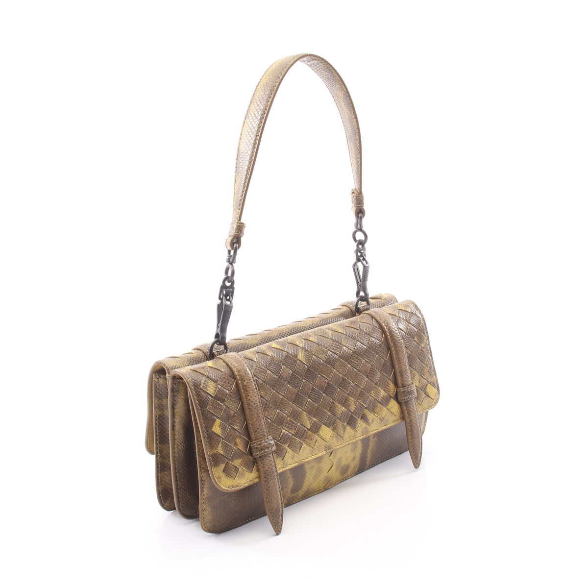 デュオ ハンドバッグ パイソン イエロー ブラウン ボッテガヴェネタ バッグ BOTTEGA VENETA