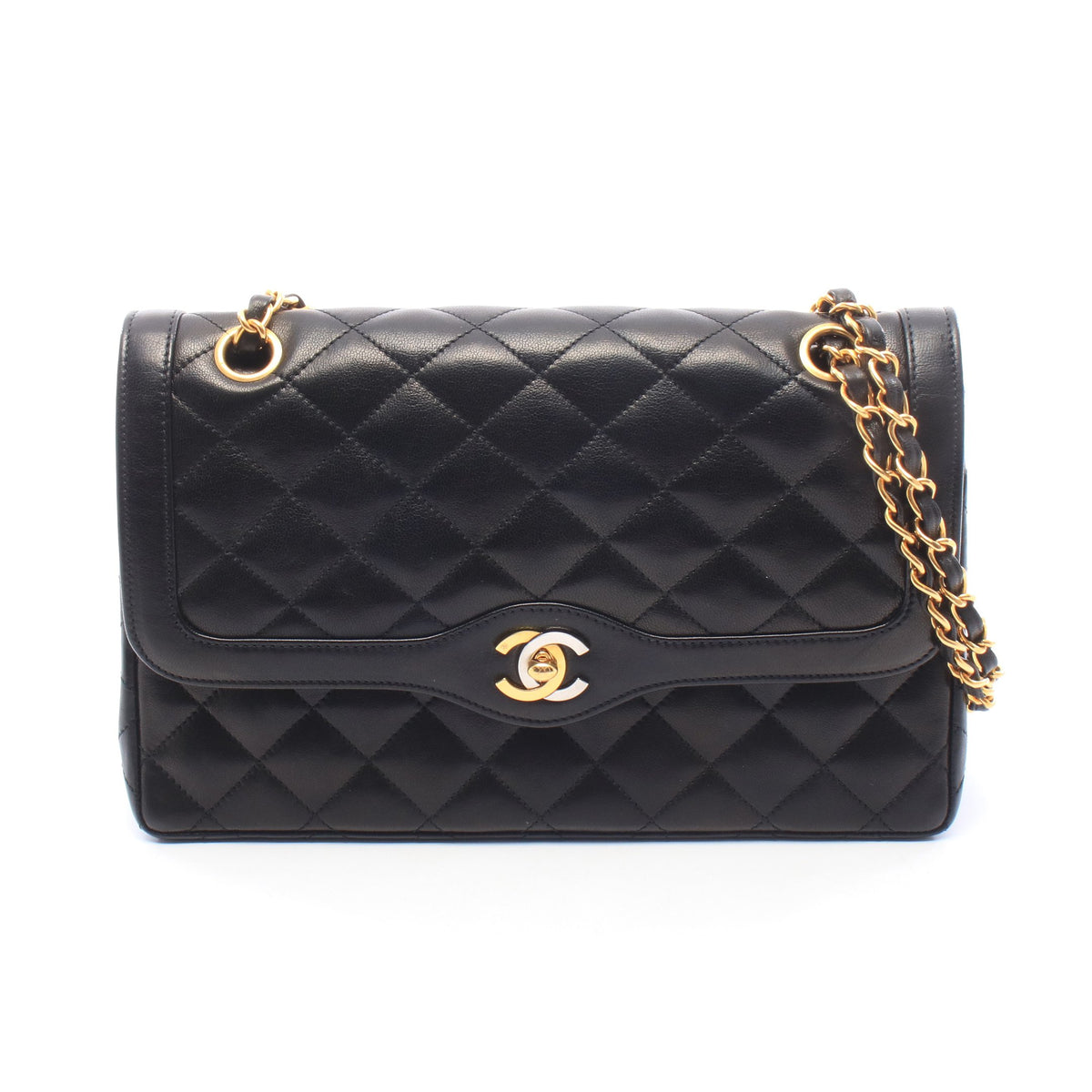 マトラッセ パリ限定 Wフラップ Wチェーンショルダーバッグ ラムスキン ブラック ゴールド金具 シャネル バッグ CHANEL