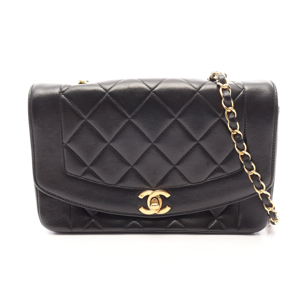 マトラッセ ダイアナフラップ チェーンショルダーバッグ ラムスキン ブラック ゴールド金具 シャネル バッグ CHANEL