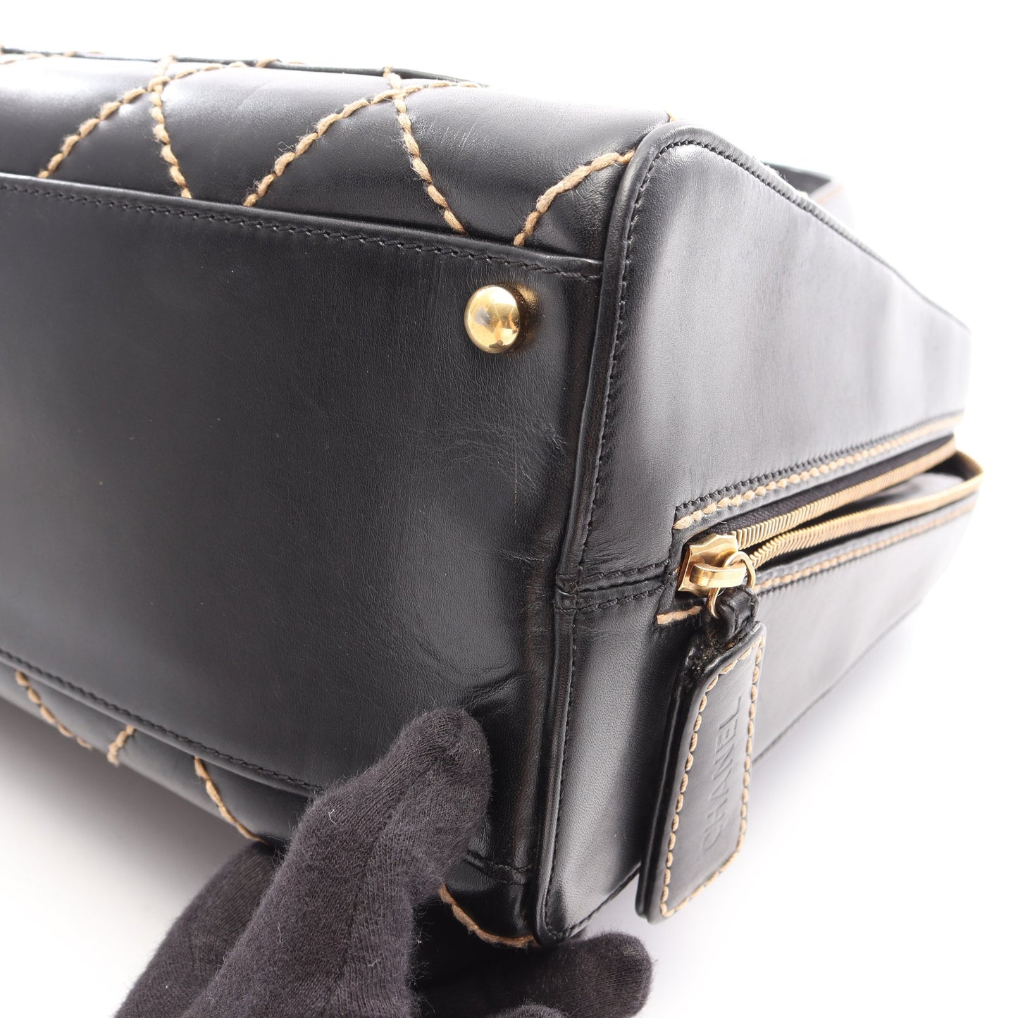 ワイルドステッチ ハンドバッグ レザー ブラック ゴールド金具 シャネル