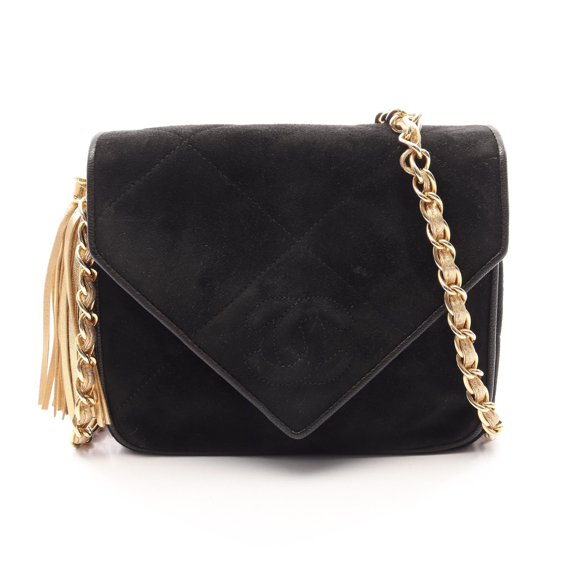 ココマーク ダイヤステッチ チェーンショルダーバッグ スエード ブラック ゴールド金具 シャネル バッグ CHANEL