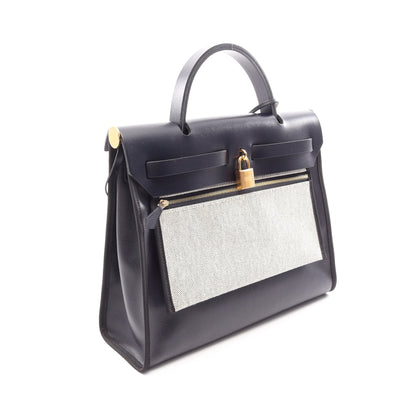 エールバッグジップPM ブルーニュイ 2WAY ハンドバッグ トワルアッシュベルリンヌ ヴァッシュハンター ネイビー ブラック ゴールド金具 B刻印 エルメス