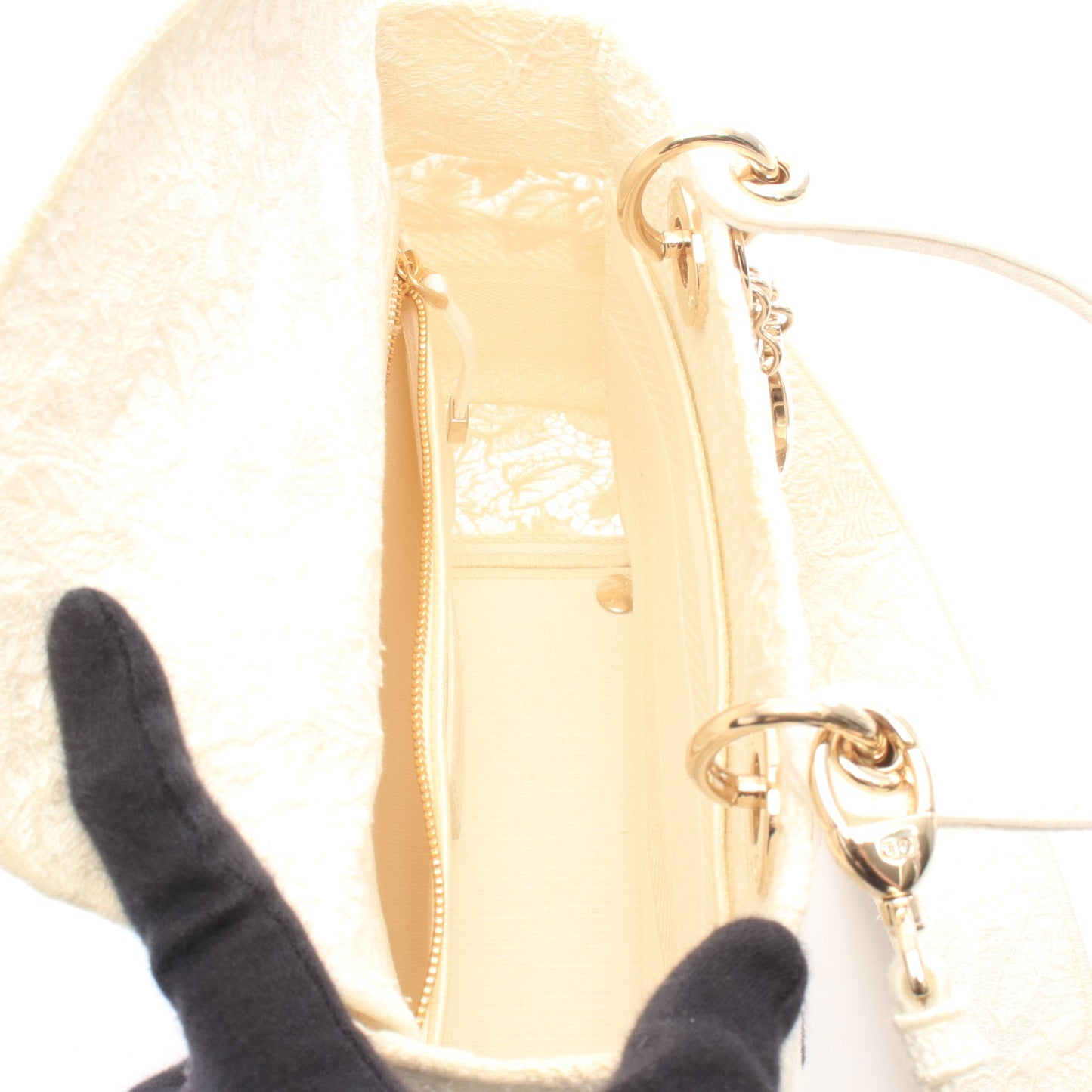 LADY D-LITE ミディアム 2WAY ハンドバッグ レース キャンバス ホワイト ブラック クリスチャンディオール