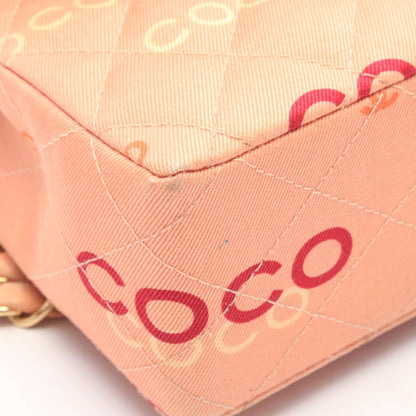 COCOプリント マトラッセ Wフラップ Wチェーンショルダーバッグ キャンバス レザー コーラルピンク マルチカラー ゴールド金具 シャネル
