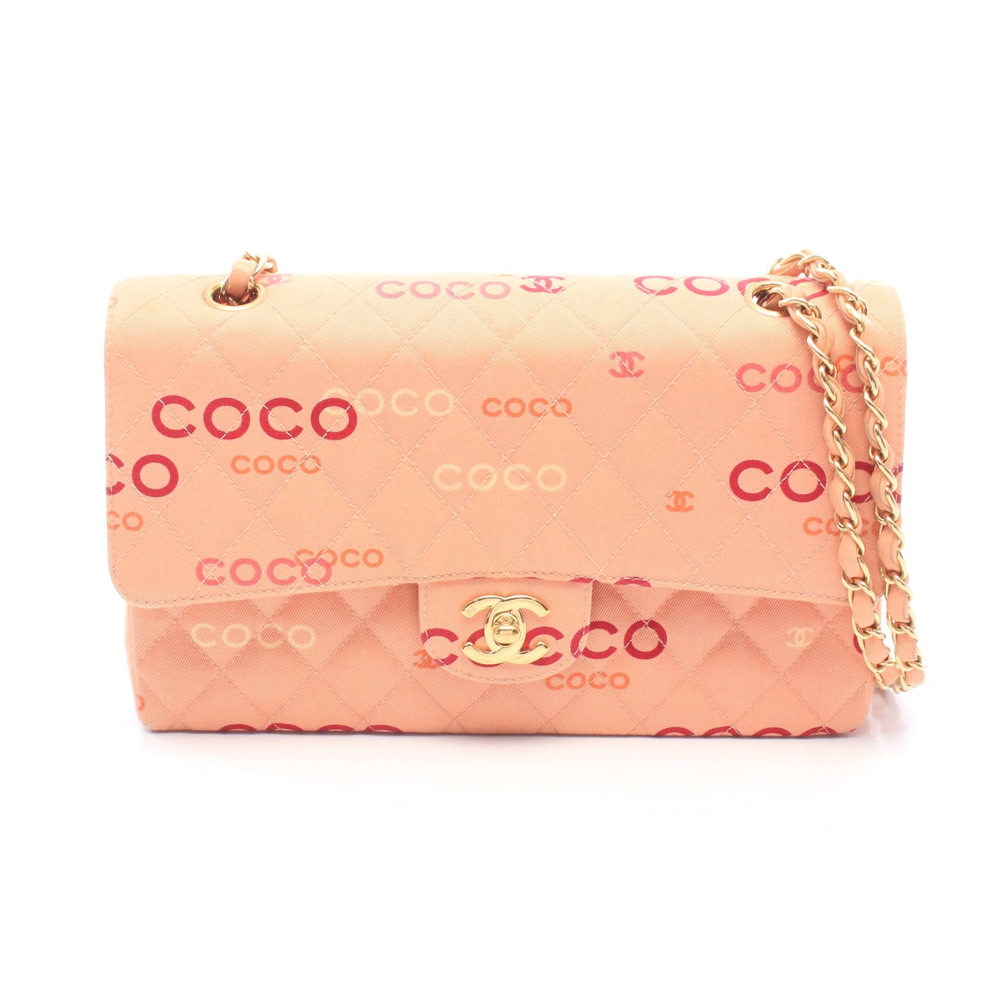 COCOプリント マトラッセ Wフラップ Wチェーンショルダーバッグ キャンバス レザー コーラルピンク マルチカラー ゴールド金具 シャネル