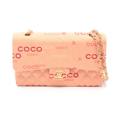 COCOプリント マトラッセ Wフラップ Wチェーンショルダーバッグ キャンバス レザー コーラルピンク マルチカラー ゴールド金具 シャネル