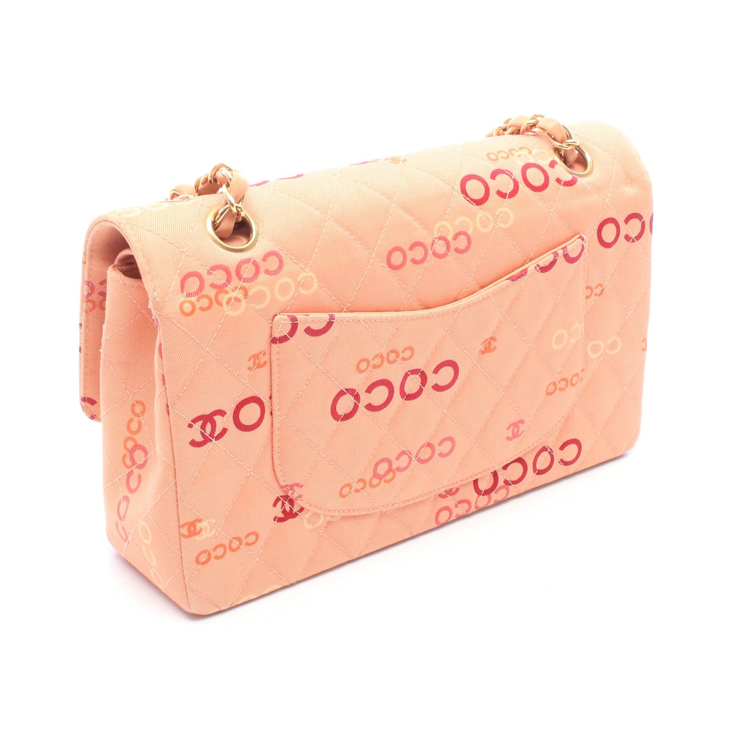 COCOプリント マトラッセ Wフラップ Wチェーンショルダーバッグ キャンバス レザー コーラルピンク マルチカラー ゴールド金具 シャネル
