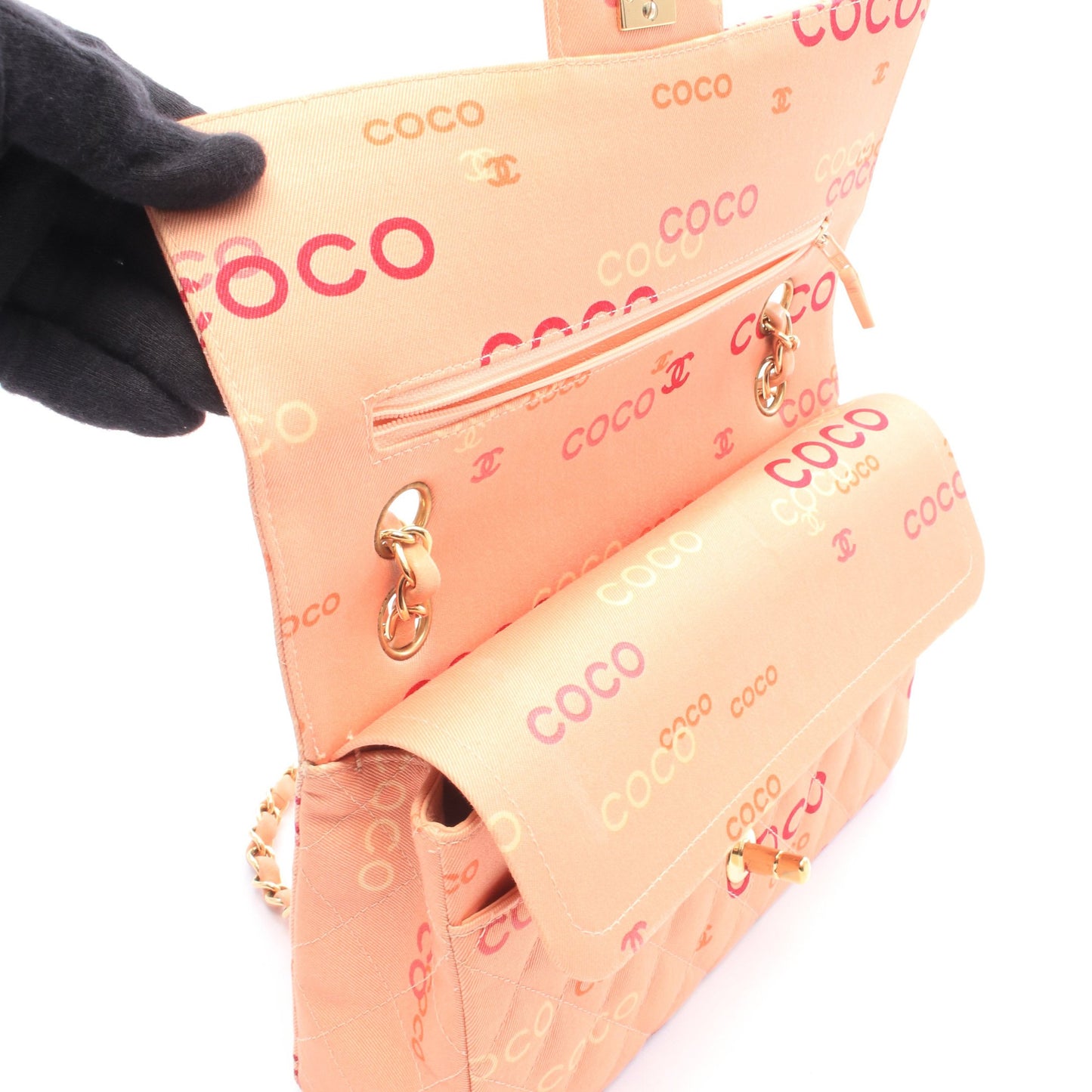 COCOプリント マトラッセ Wフラップ Wチェーンショルダーバッグ キャンバス レザー コーラルピンク マルチカラー ゴールド金具 シャネル