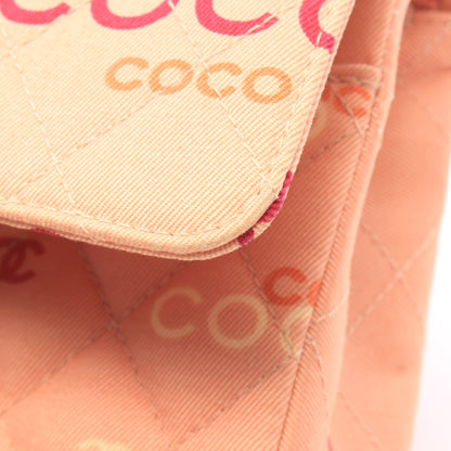 COCOプリント マトラッセ Wフラップ Wチェーンショルダーバッグ キャンバス レザー コーラルピンク マルチカラー ゴールド金具 シャネル
