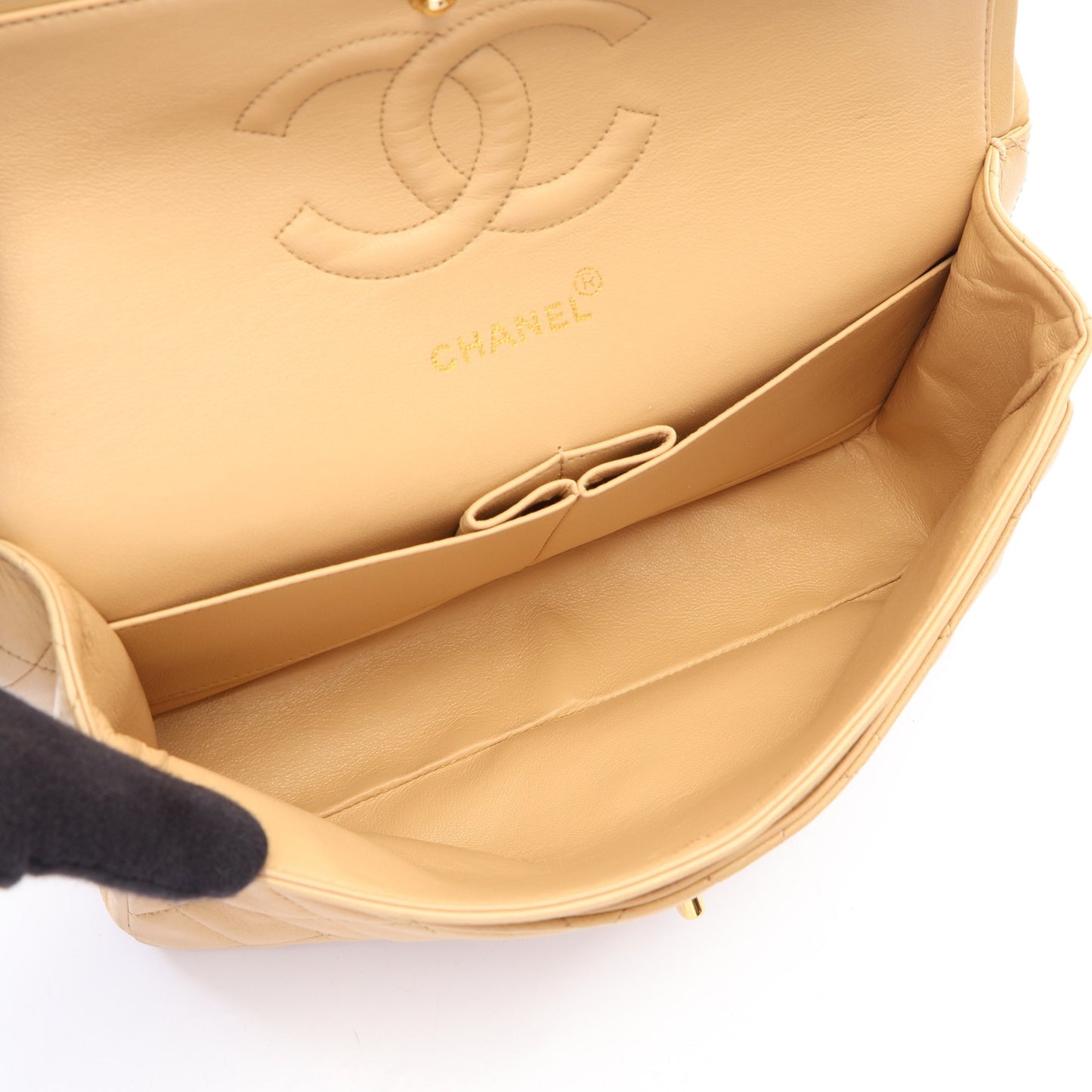 マトラッセ Wフラップ Wチェーンショルダーバッグ ラムスキン ベージュ ゴールド金具 ヴィンテージ シャネル