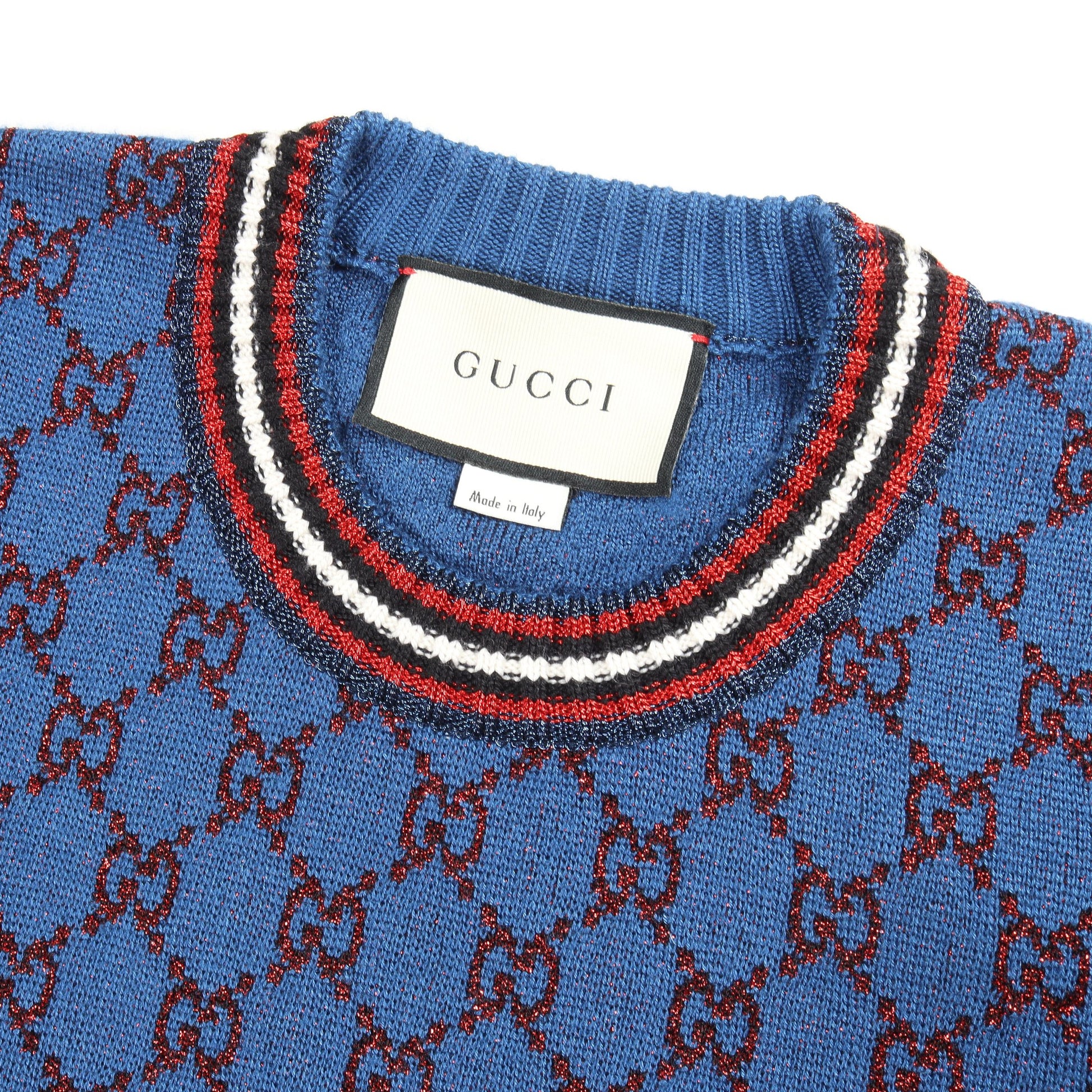 GG柄 ラメ ニット ウール シルク カシミヤ ブルー レッド グッチ トップス GUCCI