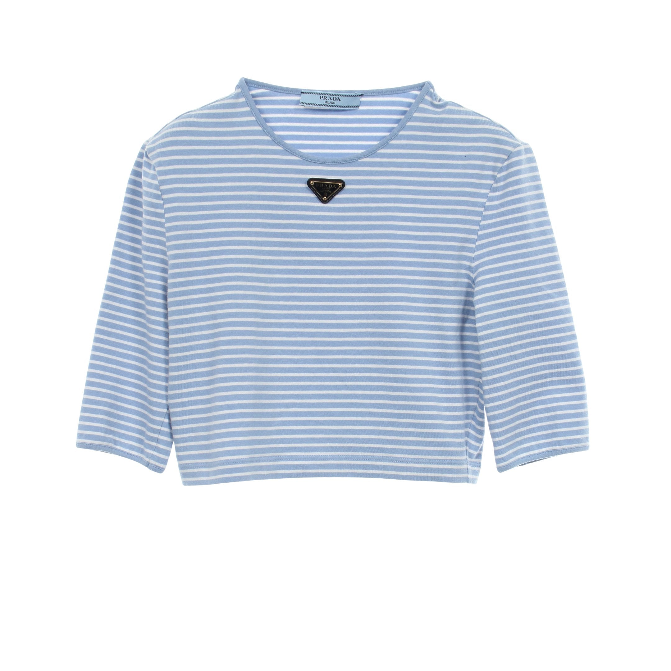 三角プレート ボーダー クロップド 七分袖 Tシャツ コットン ブルー