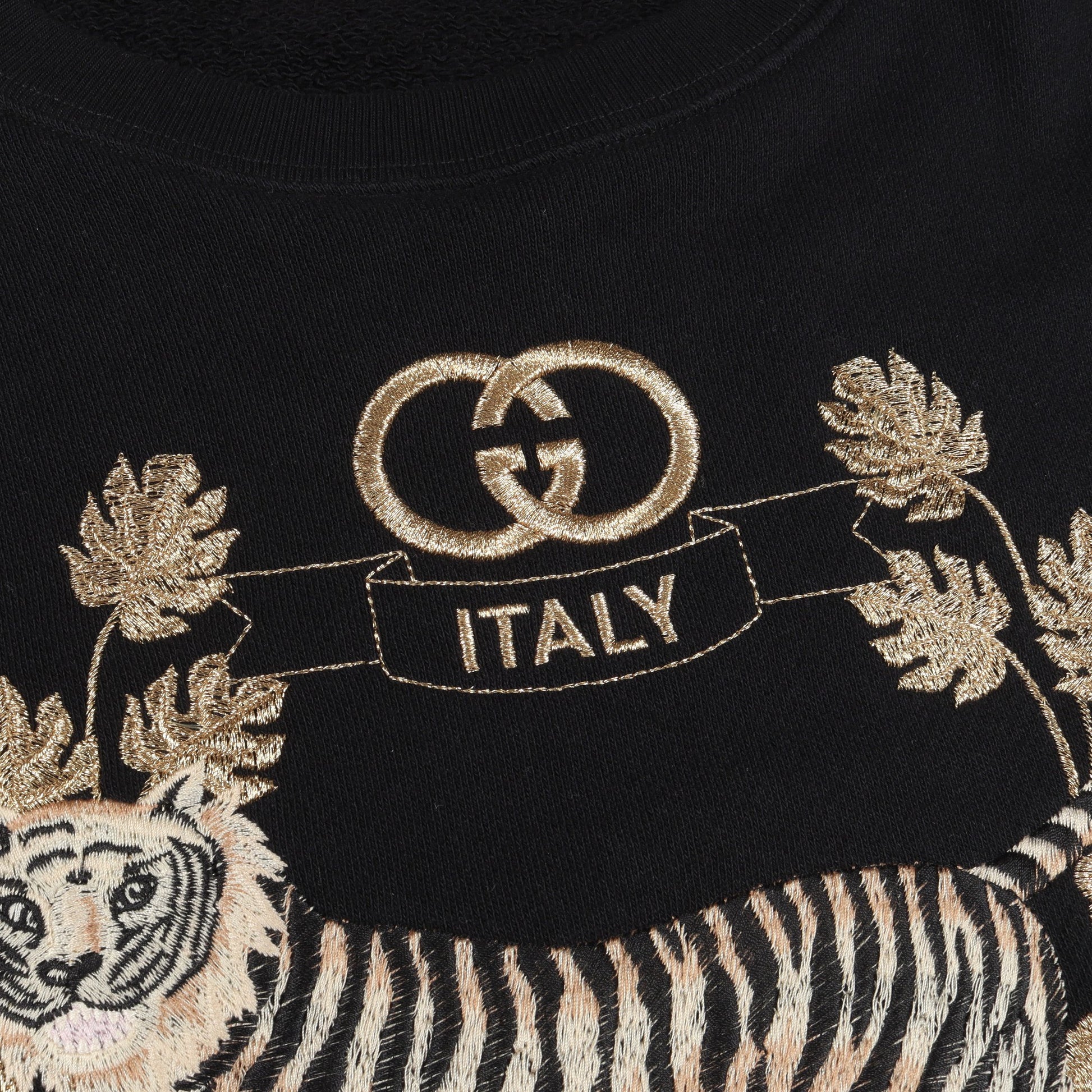 タイガー 刺繍 スウェットシャツ コットン ブラック ゴールド グッチ トップス GUCCI