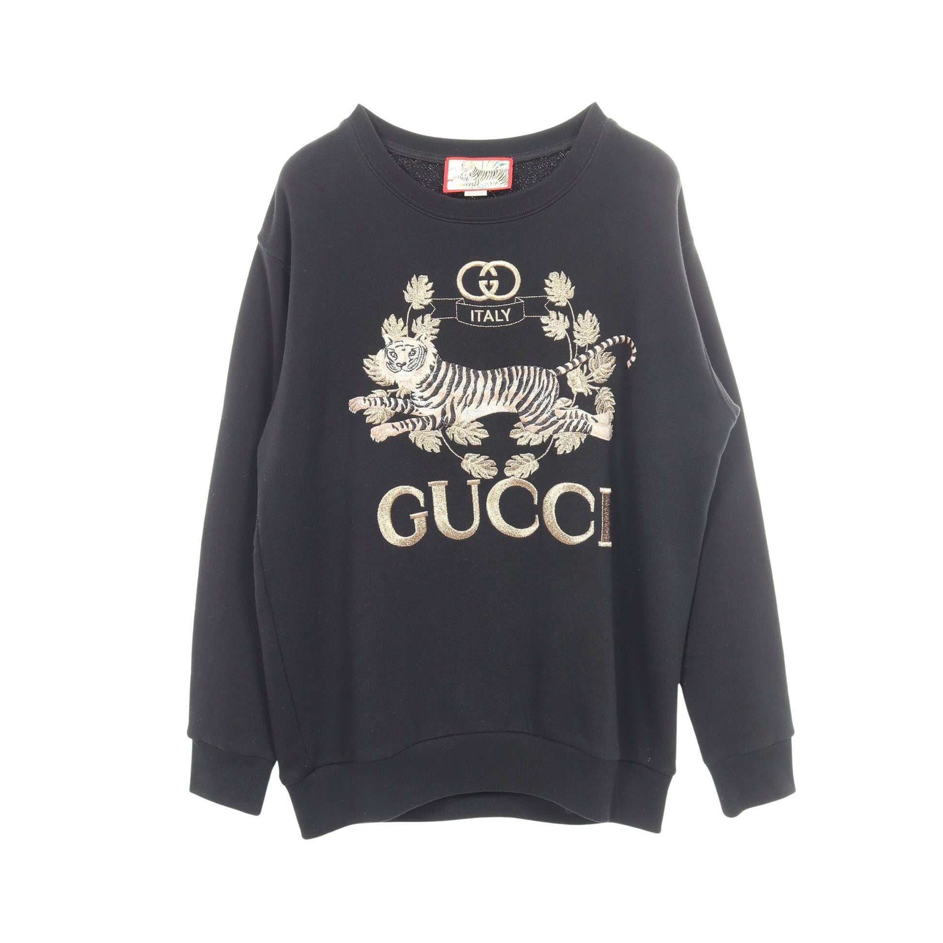 タイガー 刺繍 スウェットシャツ コットン ブラック ゴールド グッチ トップス GUCCI