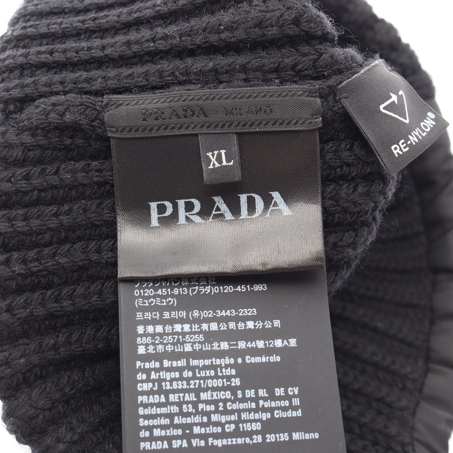 Re-Nylon 三角プレート 切替 ニットキャップ ビーニー ウール ナイロン ブラック プラダ