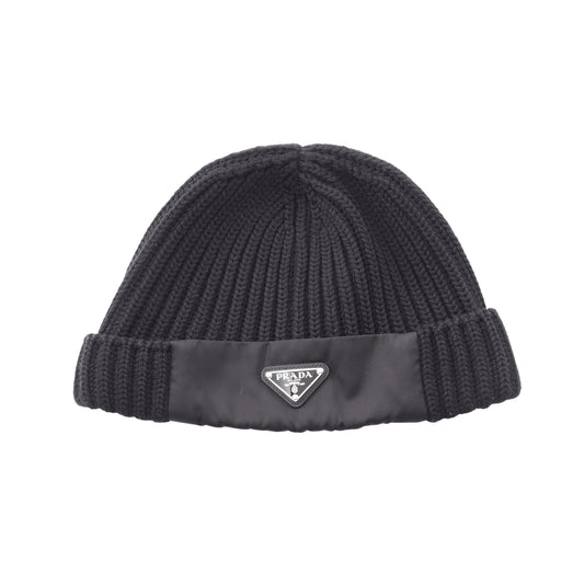 Re-Nylon 三角プレート 切替 ニットキャップ ビーニー ウール ナイロン ブラック プラダ 財布・小物 PRADA
