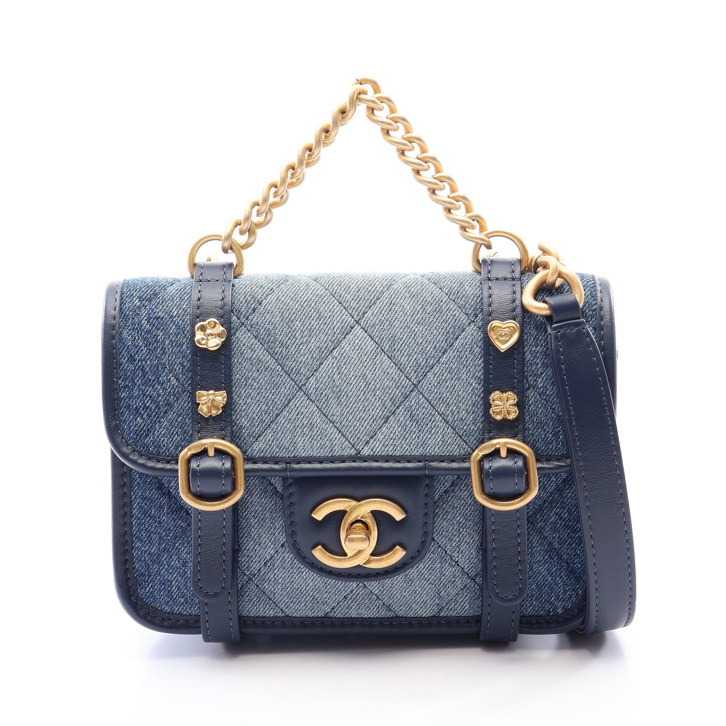 ミニマトラッセ 2WAY チェーンショルダーバッグ デニム レザー ブルー ネイビー ゴールド金具 シャネル