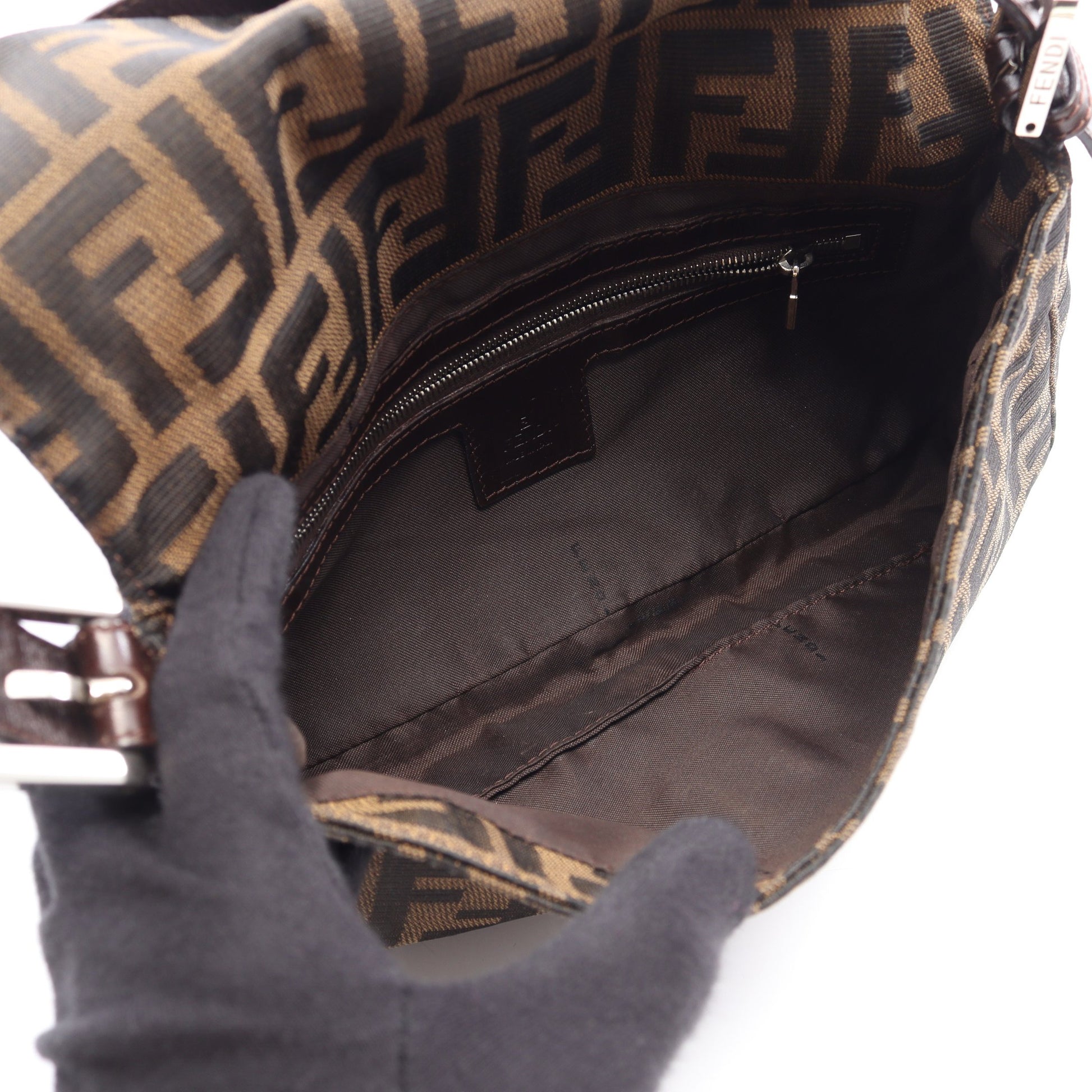 マンマバケット ハンドバッグ キャンバス レザー ブラウン ダークブラウン フェンディ バッグ FENDI