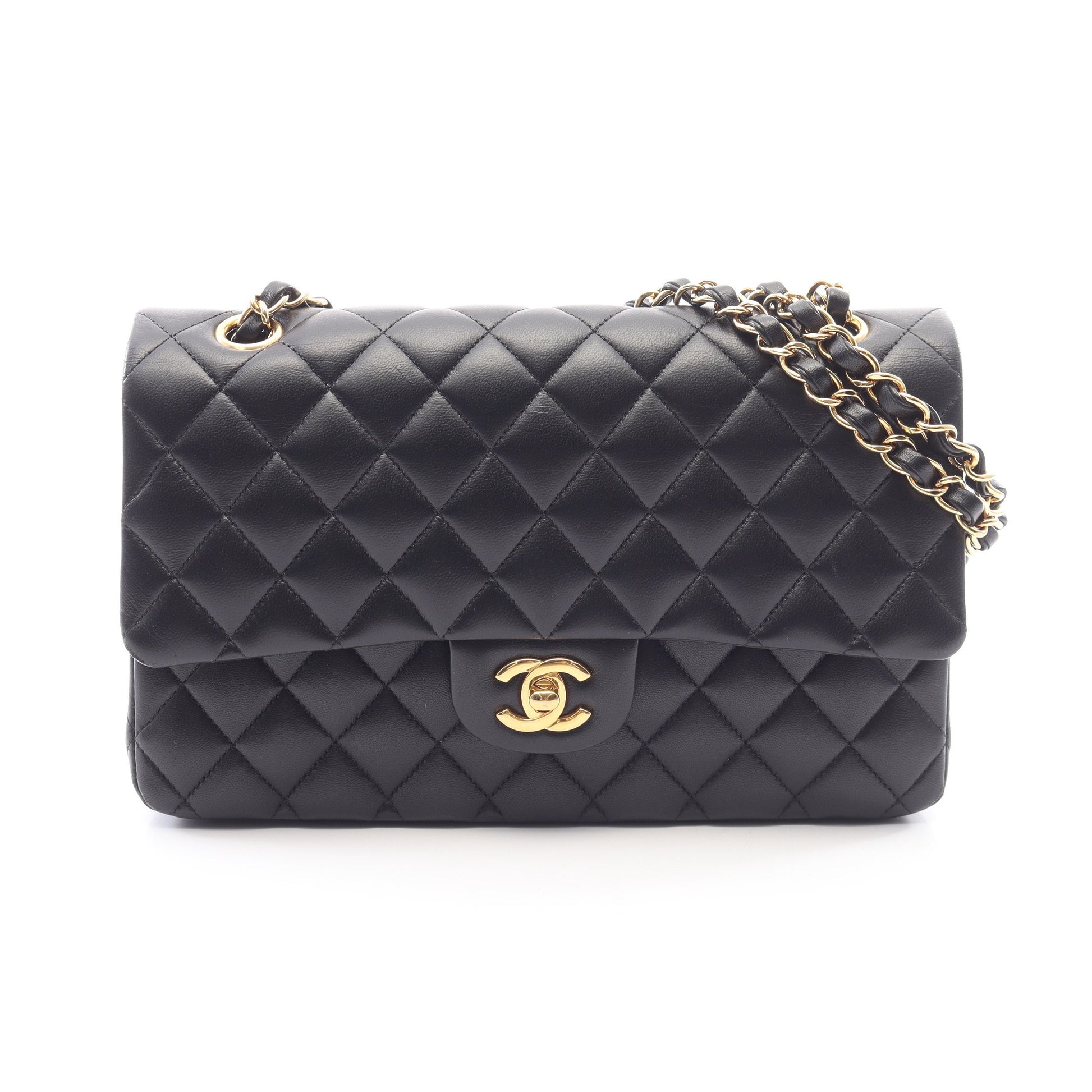 マトラッセ Wフラップ Wチェーンショルダーバッグ ラムスキン ブラック ゴールド金具 シャネル バッグ CHANEL