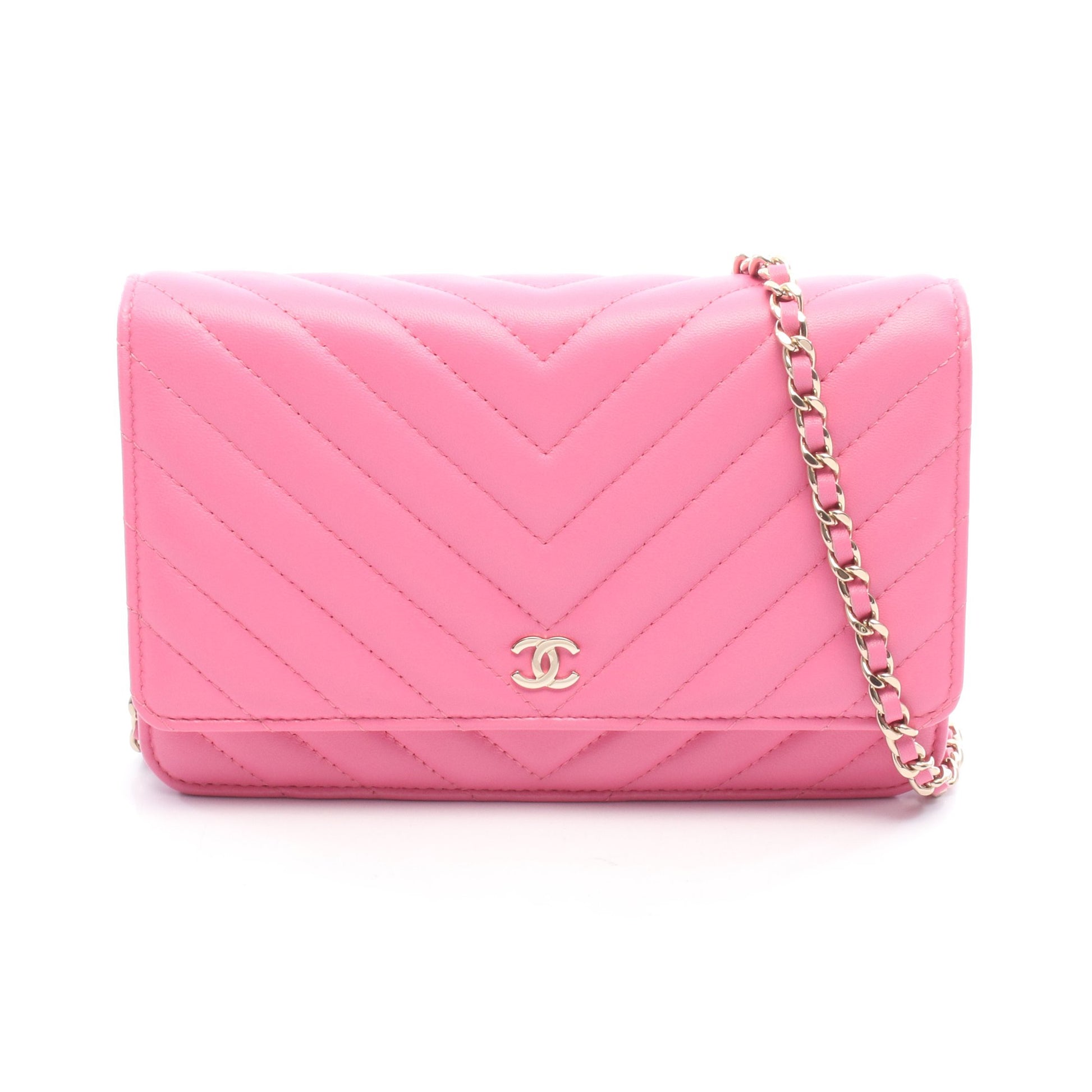 シェブロン Vステッチ チェーンウォレット レザー ピンク ゴールド金具 シャネル バッグ CHANEL