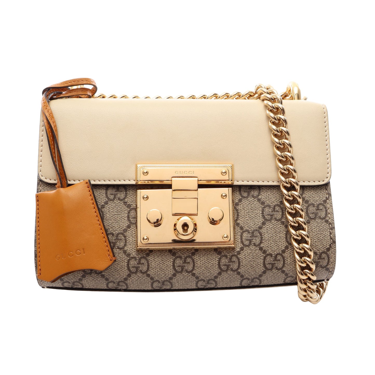 パドロック GGスプリーム スモール チェーンショルダーバッグ PVC レザー ベージュ アイボリー ブラウン グッチ バッグ GUCCI