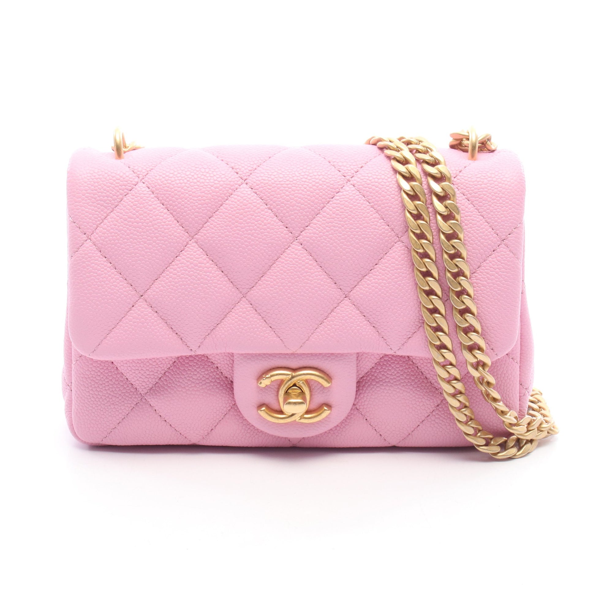 マトラッセ Wチェーンショルダーバッグ キャビアスキン ピンク ゴールド金具 シャネル バッグ CHANEL