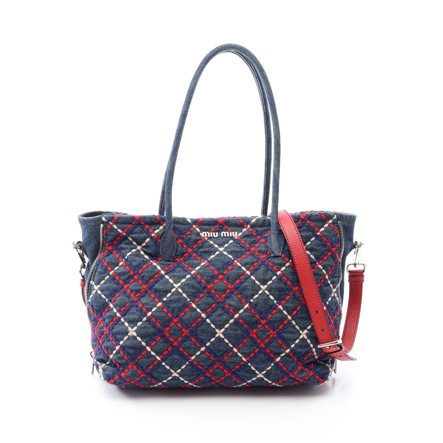 DENIM RICAMO TA 2WAY ショルダーバッグ トートバッグ デニム インディゴブルー レッド マルチカラー ミュウミュウ