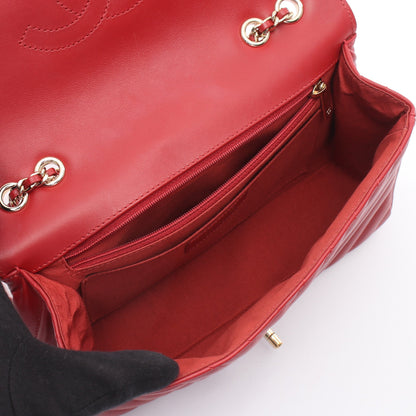 シェブロン Vステッチ フルフラップ Wチェーンショルダーバッグ レザー レッド ゴールド金具 シャネル