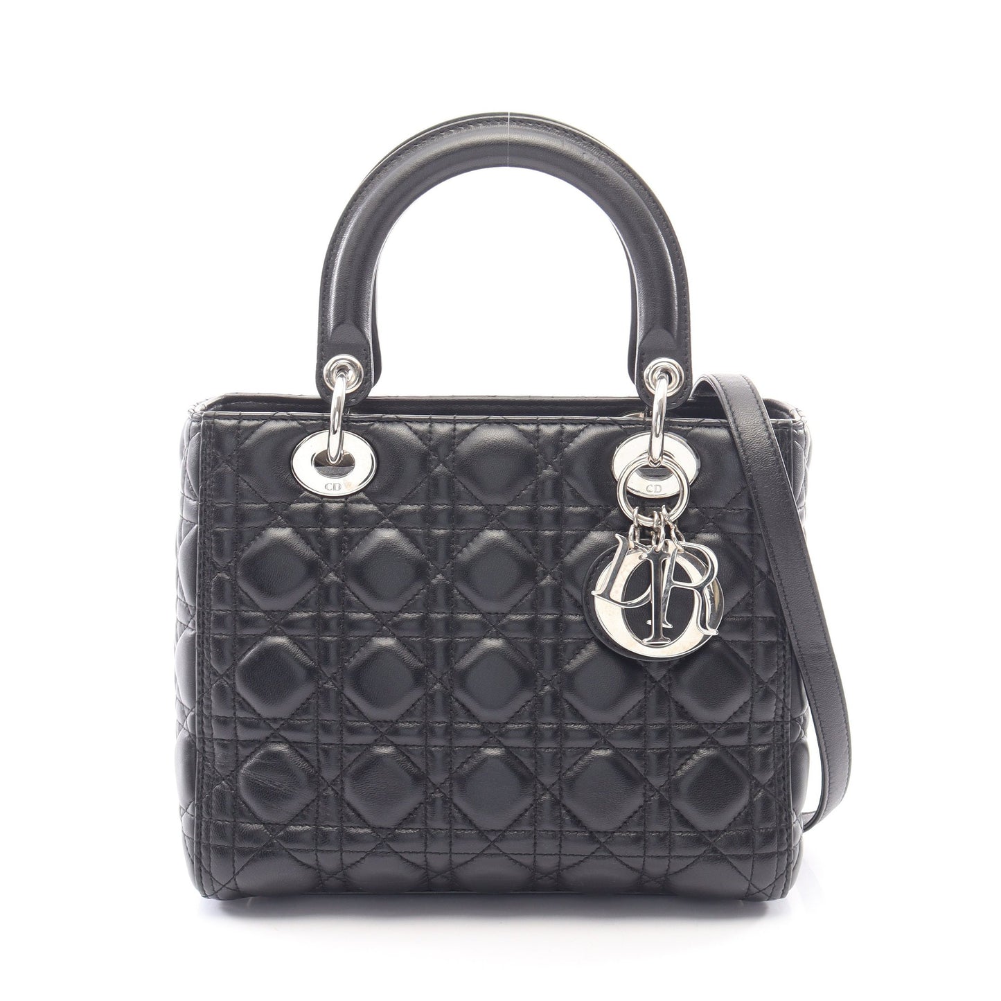 LADY DIOR レディディオール カナージュ 2WAY ハンドバッグ レザー ブラック クリスチャンディオール
