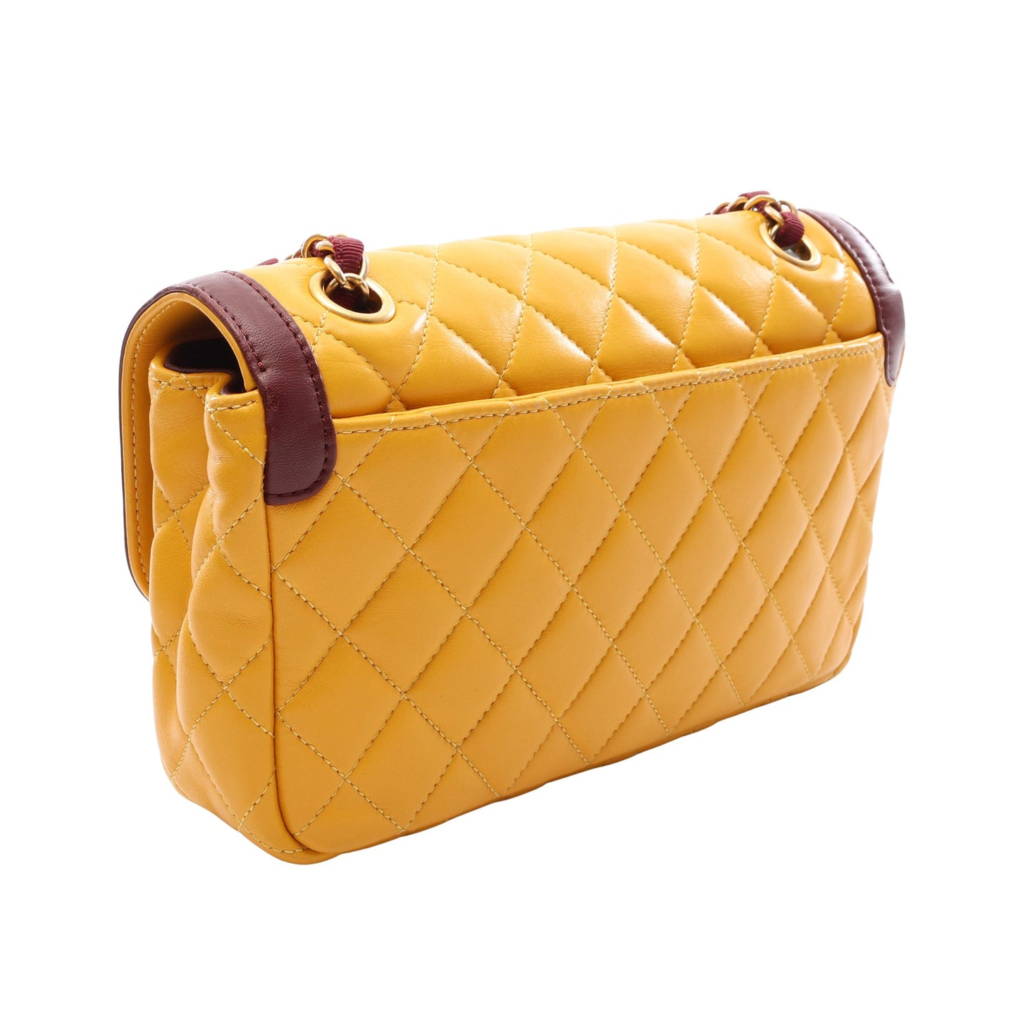 マトラッセ Wフラップ Wチェーンショルダーバッグ ラムスキン イエロー ボルドー ゴールド金具 シャネル