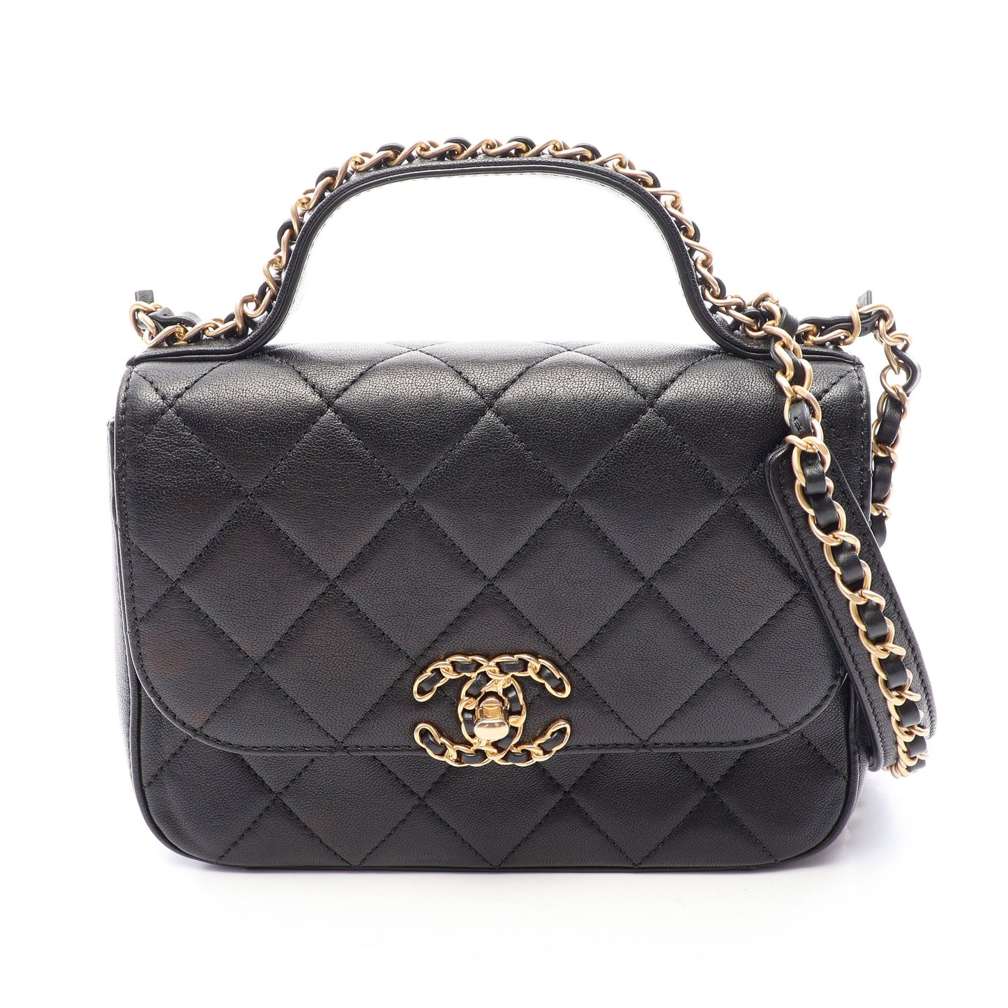 CHANEL19 マトラッセ トップハンドル 2WAY チェーンショルダーバッグ ラムスキン ブラック ゴールド金具 シャネル