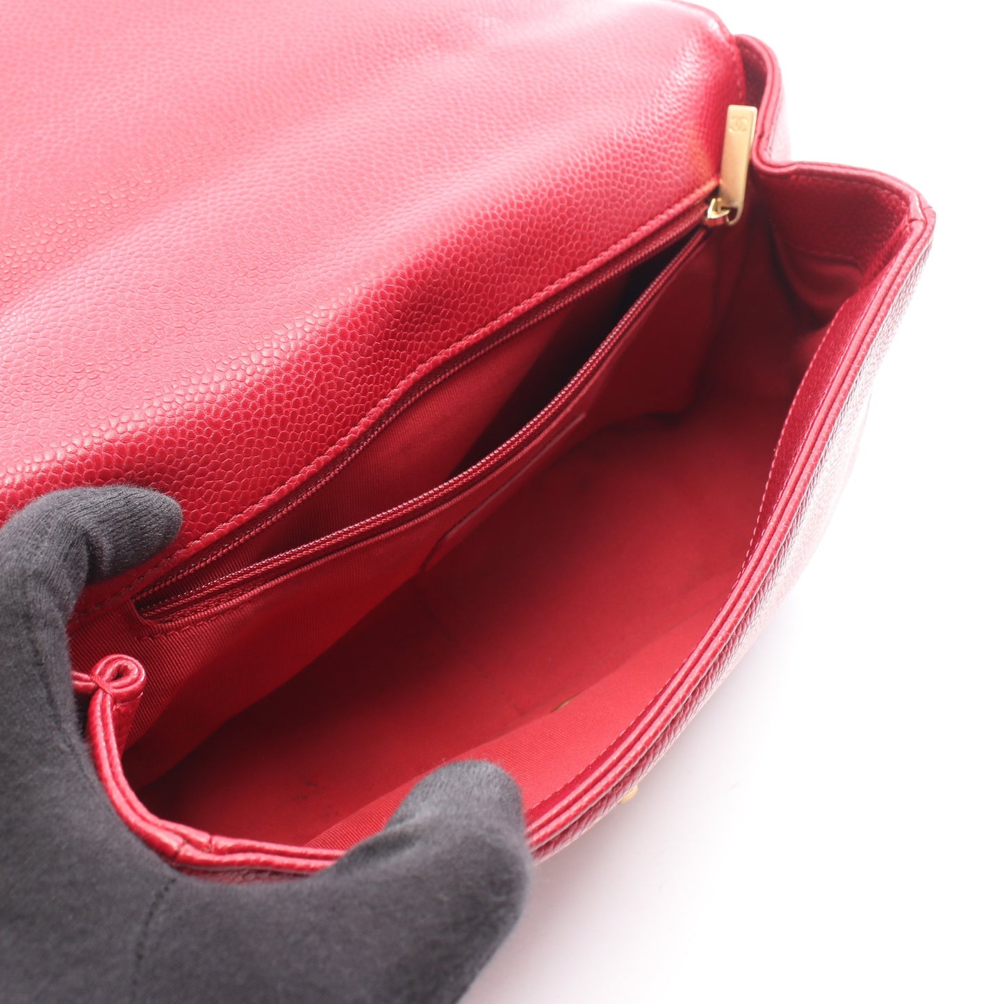 マトラッセ トップハンドル 2WAY チェーンショルダーバッグ キャビアスキン レッド ゴールド金具 シャネル