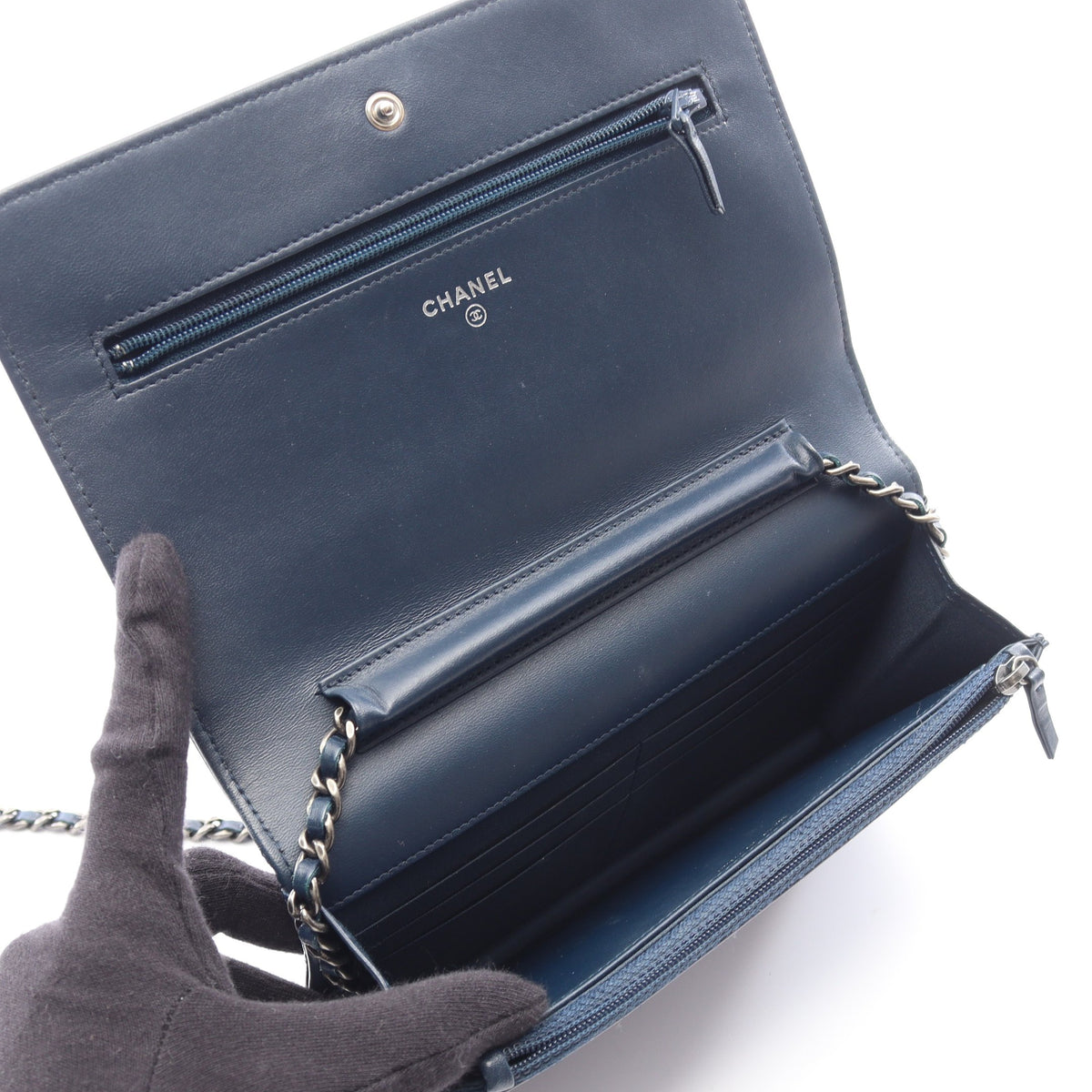 ココボーイ チェーンウォレット ラムスキン ネイビー シルバー金具 シャネル