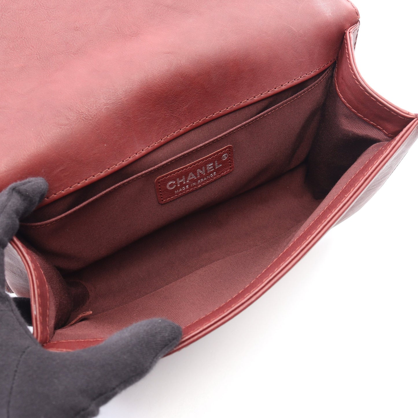 ボーイシャネル チェーンショルダーバッグ レザー ボルドー シルバー金具 シャネル