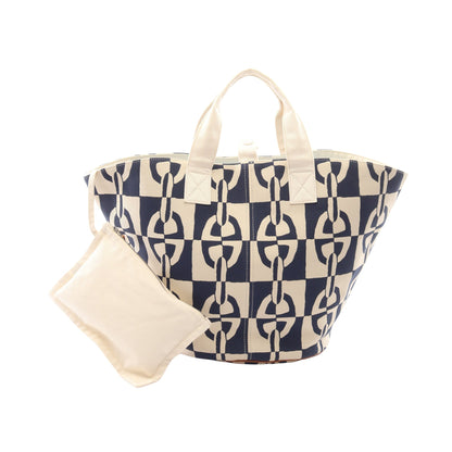 パニエ ド プラージュPM シェーヌダンクル ポーチ付き ハンドバッグ トートバッグ キャンバス オフホワイト ネイビー シルバー金具 エルメス