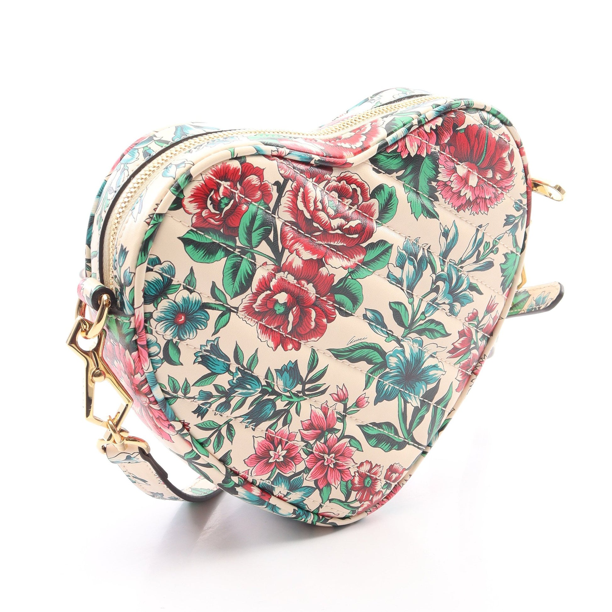 GGマーモント ハート フラワープリント ショルダーバッグ レザー アイボリー マルチカラー グッチ バッグ GUCCI