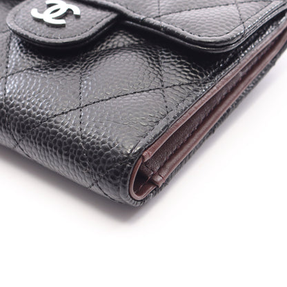 クラシック スモール フラップ ウォレット 三つ折り財布 キャビアスキン ブラック シルバー金具 シャネル