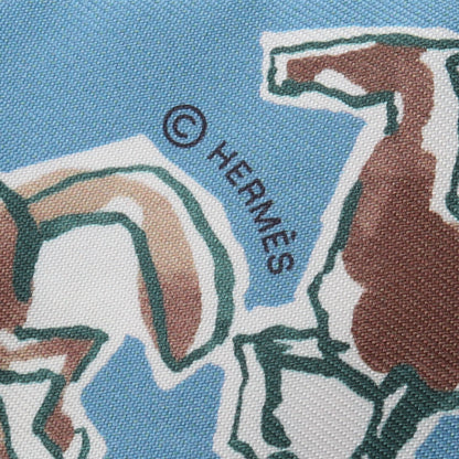 ツイリー CHEVAUX EN LIBERTE リボン スカーフ シルク ライトブルー マルチカラー エルメス