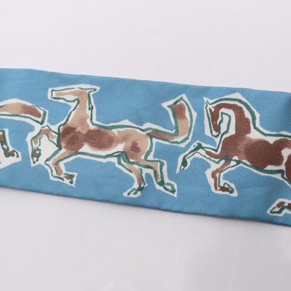 ツイリー CHEVAUX EN LIBERTE リボン スカーフ シルク ライトブルー マルチカラー エルメス