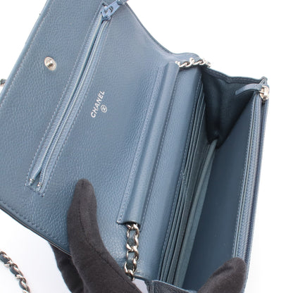 マトラッセ チェーンウォレット キャビアスキン ブルーグレー シルバー金具 シャネル