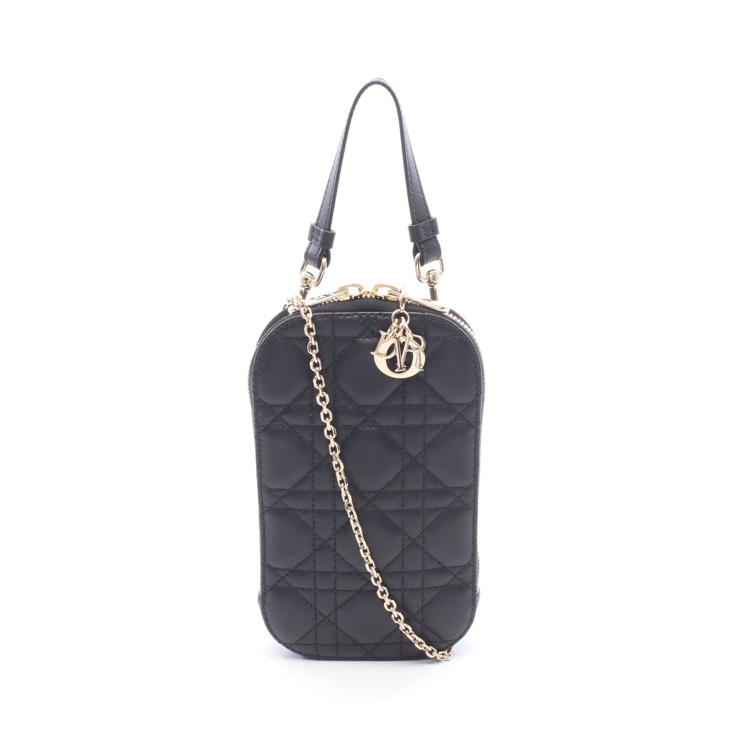 LADY DIOR レディディオール フォンホルダー カナージュ ハンドバッグ レザー ブラック クリスチャンディオール