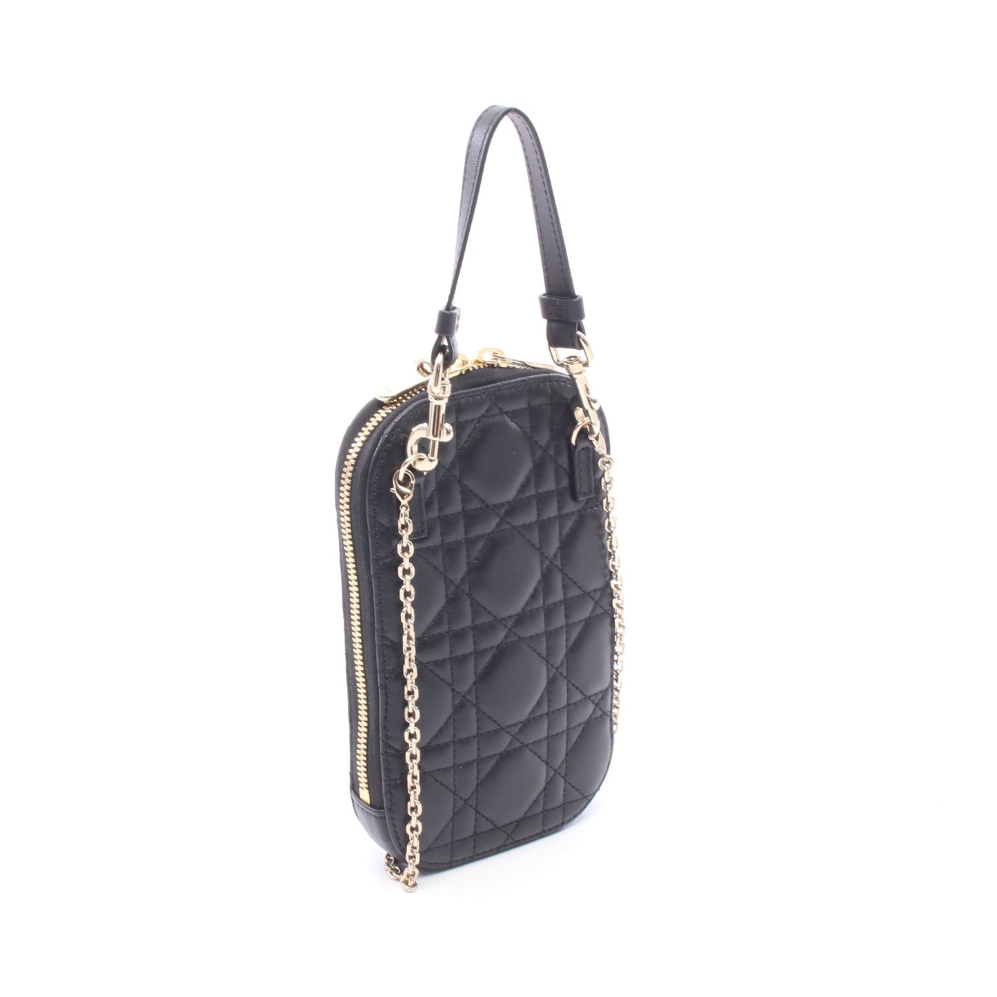 LADY DIOR レディディオール フォンホルダー カナージュ ハンドバッグ レザー ブラック クリスチャンディオール