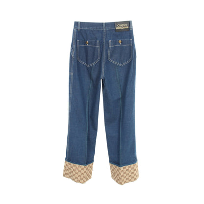 GGキャンバス ロールアップ デニムパンツ コットン ブルー ベージュ グッチ