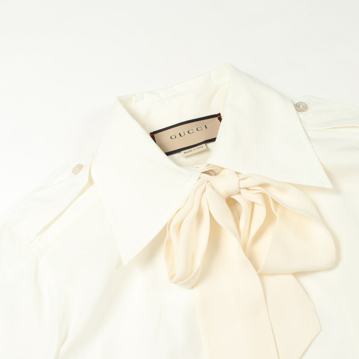 ボウタイ クロップド 長袖 シャツ コットン シルク ホワイト グッチ