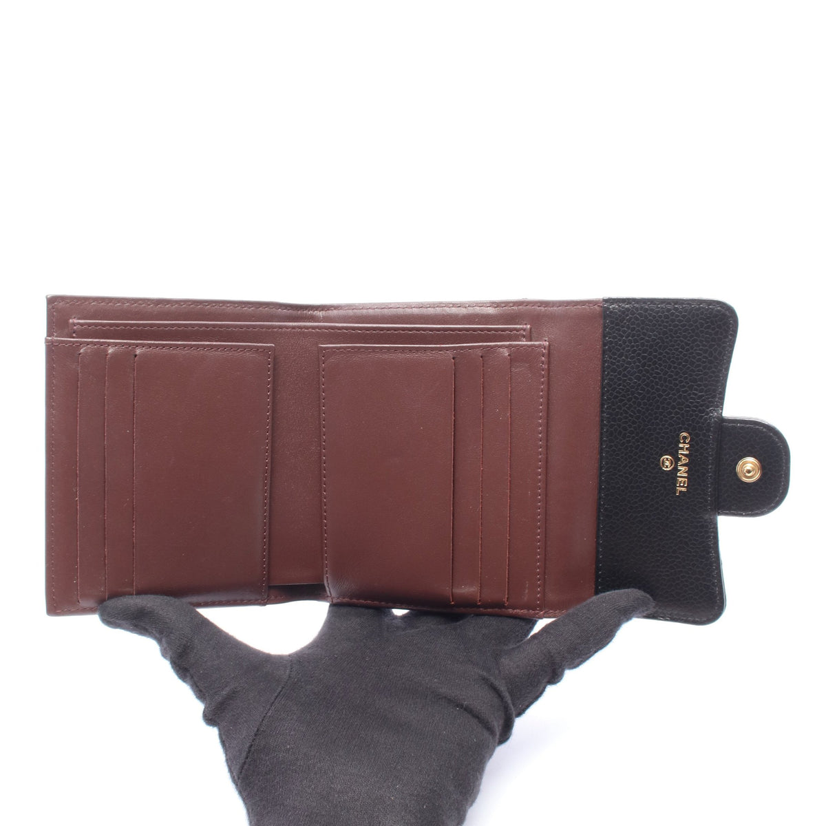 クラシック スモール フラップ ウォレット 三つ折り財布 キャビアスキン ブラック ゴールド金具 シャネル