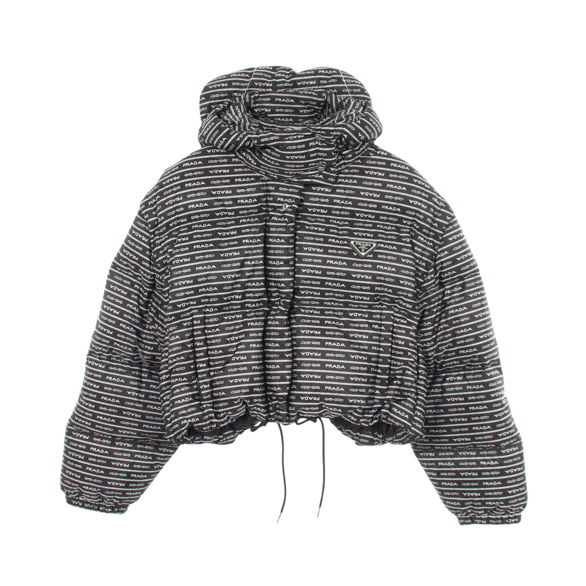 Re-Nylon ロゴ総柄 フード付き クロップド ダウンジャケット ナイロン ブラック プラダ アウター PRADA