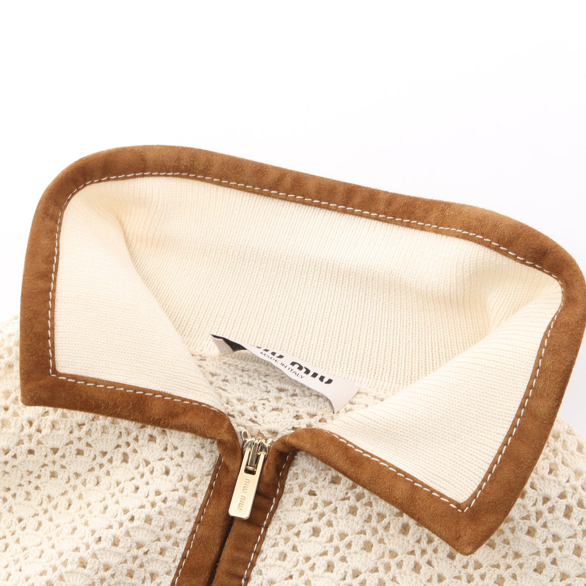 クロシェ ニット カーディガン コットン オフホワイト ライトブラウン ミュウミュウ