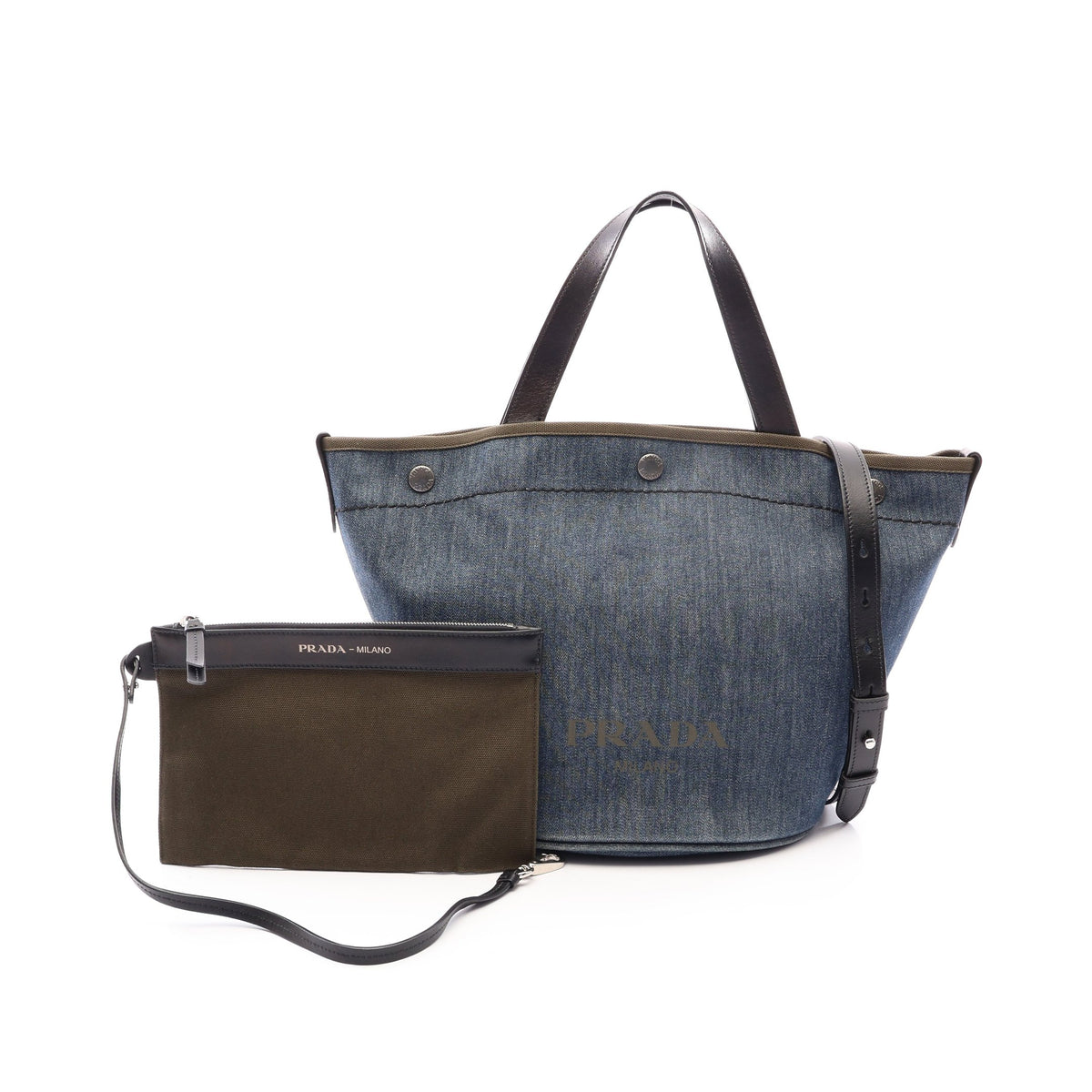 DENIM+CITY CALF 2WAY ハンドバッグ トートバッグ デニム レザー インディゴブルー カーキグリーン ブラック プラダ バッグ PRADA